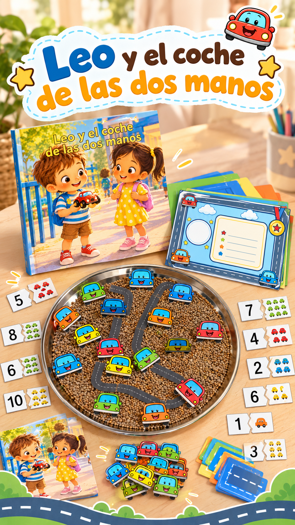 Pack Leo y el coche de las dos manos: cuento + kit de juego (3-6 años)